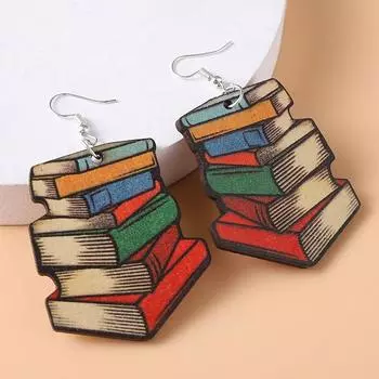 Деревянные серьги с радужной книгой, подарок на выпускной для учителя книги по искусству