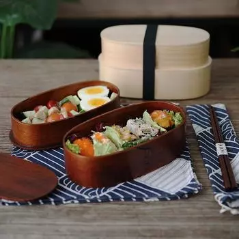 Деревянный ланч-бокс в японском стиле Bento, двухслойная столовая посуда для рабочих, студентов, пикников, салатов, переносной круглый контейнер, столовая посуда
