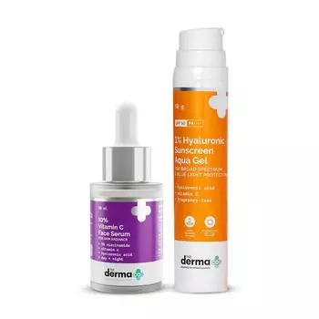 Derma Co Glow & Protect Combo — сыворотка для лица с 10% витамином С (30 мл) + 1% гиалуроновый солнцезащитный аквагель (50 г)