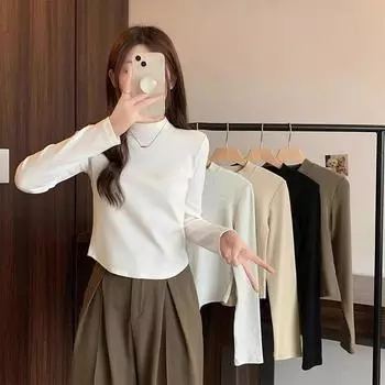 DeRong small stand-up collar bottoming shirt for women in autumn and winter threaded small fragrance pure cotton inner layering short top S