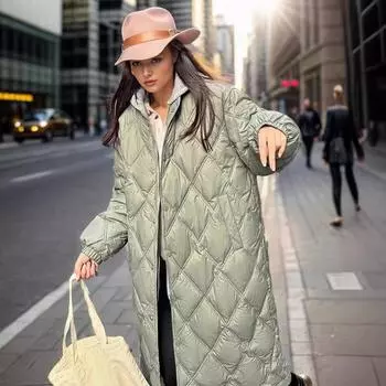 Design Sense Diamond Grid средней длины свободная хлопковая куртка 2024 года новая зимняя женская контрастная длинная парка с капюшоном женское пальто S хаки