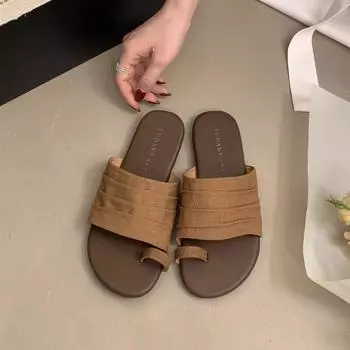 Design sense sleeve toe flat slippers women s outer wear summer new casual one-word drag temperament beach women s shoes 35