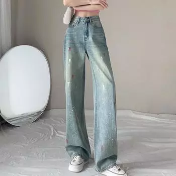 Design-sensual Ink Graffiti Straight Jeans for Women s Spring and Autumn New Loose Large Size Retro Wide-leg Trousers S