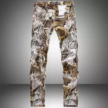 Design Skinny Denim Trousers Casual Man Pants Snakeskin Printed Jeans for Men 36