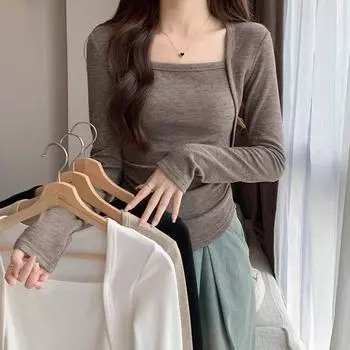 Designed square collar pleated long-sleeved fake two-piece slim T-shirt women s early autumn clavicle sexy little man bottoming top S