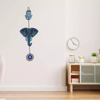Designer Elephant Wooden Wall Hanging for Home Decor - Evil Eye & Hamsa Hand Charm for Entryway - Boho Modern Wall Art - Peace Accent Decorative