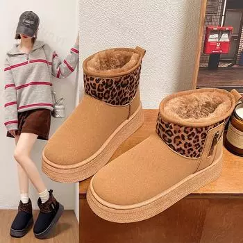 Designer Leopard Print Faux Suede Snow Boots Women Non-slip Thicken Plush Winter Woman Platform Warm Ankle Boots Botas De Mujer 36 малиновый