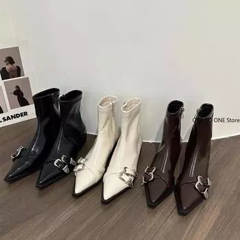 Designer Pointed Toe Women Ankle Boots Fashion Thick Heel Slimming Short Booties Autumn Winter Female Shoes Zapatillas Mujer 35 коричневый