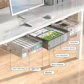Desk Supplies Holder Rack Office Organizer Drawer Clear Under Desk Hidden Drawer Storage Box Memo Pen Stationery Storage Tray