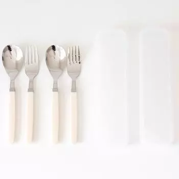 Детская ложка Kamome Kitchen + набор футляров, кремово-желтый, 2 ложки + 2 вилки + 2 футляра