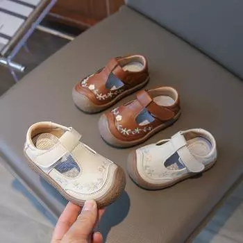 детская мода повседневная обувь для девочек T-Strap милая вышивка круглый носок нескользящие детские милые мокасины принцессы обувь прямая поставка 17 коричневый