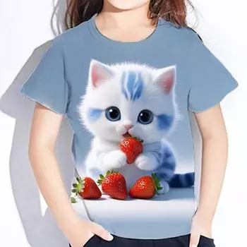 Детская одежда 3D-принт Kawaii Cat Pattern Футболки с коротким рукавом Топы 2024 Детская одежда Одежда для девочек и мальчиков от 2 до 8 лет 100