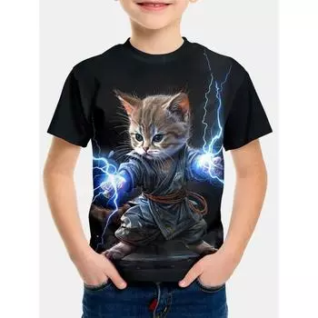 Детская одежда для мальчиков Cat Lightning 2024 Детская одежда с коротким рукавом, футболки, детские футболки, топы, футболки, корейские мальчики, весна 100 cm