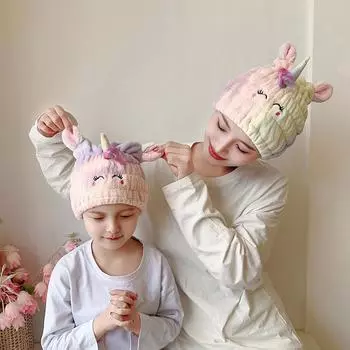 Детская шапочка для сухих волос, единорог, кролик, коралловый бархат, впитывающая мультяшная милая шапочка для душа, женская и взрослая 20*20