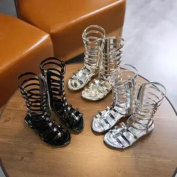 Детские ботинки Rivet Cool Boots для девочек, высокие туфли Barrel Star с открытым носком в римском стиле, летние новые сандалии для студентов 2024 года, элегантный темперамент 26 чёрный
