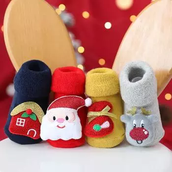 Детские чулки с милой мультяшной куклой с Рождеством, зимние махровые утолщенные нескользящие теплые детские половые носки для новорожденных S красный