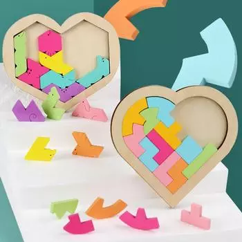 Детские деревянные 3D-игры-головоломки, красочные головоломки Танграм, математические игрушки в форме сердца, детские развивающие обучающие игрушки Монтессори