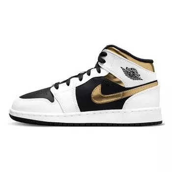 Детские кроссовки Air Jordan 1 Mid GS White Gold разноцветные черные 554725-190 36.5