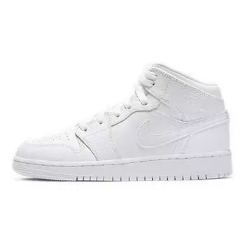 Детские кроссовки Air Jordan 1 Mid GS Triple White Tumbled Leather 2020 554725-130
