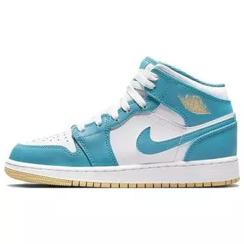Детские кроссовки Air Jordan 1 Mid GS Aquatone Blue White Celestial-Gold DQ8423-400 36.5