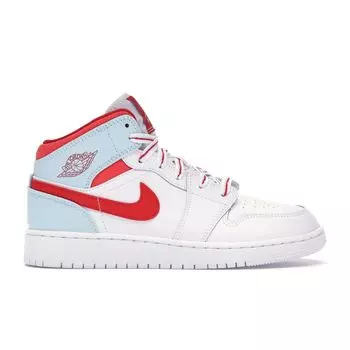 Детские кроссовки Air Jordan 1 Mid GS Topaz Mist Blue White Topaz-Mist-Ember-Glow-University-Red 555112-104