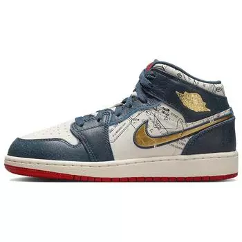 Детские кроссовки Air Jordan 1 Mid SE GS Take Flight Blue Armory-Navy Metallic-Gold FN1353-400 36