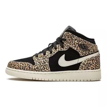 Детские кроссовки Air Jordan 1 Mid SE GS Leopard Black Pale-Ivory Desert-Ore BQ6931-021