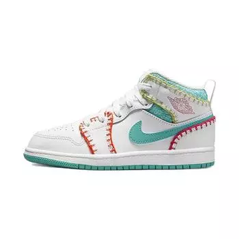 Детские кроссовки Air Jordan 1 Mid SE PS Multi Knit White Washed-Teal Rush-Pink DM9648-100 28