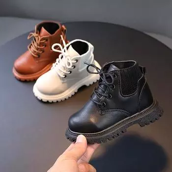Детские весенние и зимние однотонные ботильоны, модные ботинки Martens для мальчиков, шерстяные ботинки с мягкой подошвой для девочек, кожаные ботинки с одним ремешком 21 чёрный