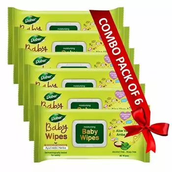 Детские влажные салфетки Dabur: Мягкие увлажняющие влажные салфетки, обогащенные любящими малышей аюрведическими травами - 80 салфеток X Упаковка из 6