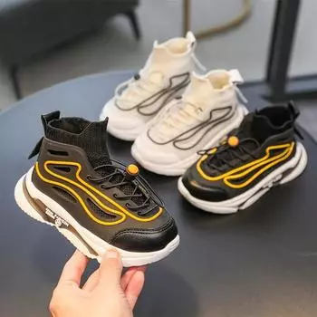 Детские высокие кроссовки Air Mesh Simple Kids Sock Sports Shoes Soft Sole Thick Bottom Non-Slip Boys Running Shoes 2024 New 26 белый