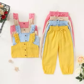 Детский комплект одежды для маленьких девочек 1, 2, 3, 4, 5, 6 лет, укороченный жилет без рукавов с рюшами и пуговицами, эластичный пояс на шнурке, однотонные спортивные костюмы 1-2 Years