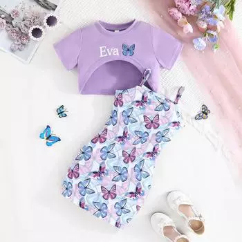 Детский костюм для детей 2-7 лет, новинка, лето, милый комплект из 2 предметов, повседневный женский стиль, топ с короткими рукавами и вырезом горловины + юбка на подтяжках с принтом в виде бабочек 2-3Y фиолетовый