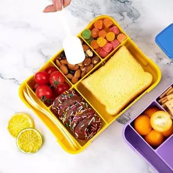 Детский ланч-бокс Bento, герметичный контейнер для закусок для малышей с 6 отделениями и столовыми приборами, лоток для льда, герметичный контейнер для хранения продуктов без содержания бисфенола А темно-синий