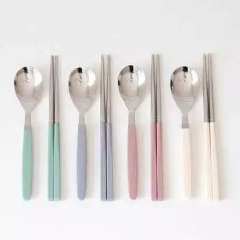 Детский набор столовых приборов Kamome Kitchen, набор из 4 предметов, мятный, серебристо-голубой, индигово-розовый, кремово-желтый, 4 вида ложек + 4 вида палочек для еды, 1 предмет