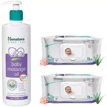 Детское массажное масло Himalaya (500мл) и нежные салфетки Himalaya (72 штуки, упаковка по 2 шт.) Combo