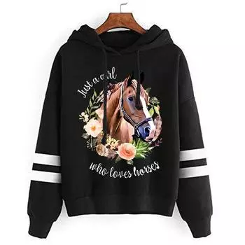 Девушка, которая любит лошадь Y2k толстовки с капюшоном Flower Horse с длинными рукавами женский повседневный уличный спортивный костюм свитер S
