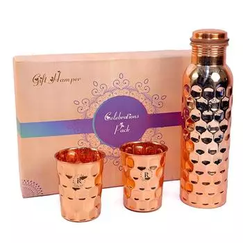 Diamond Pure Copper Bottle - 1L with 2 Glass Set | Ayurvedic Health Benefits Hammered Design | Leak-Proof And Jointless Water Bottle Hand Made