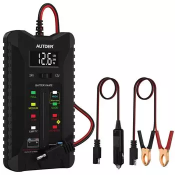 Digital Battery Tester, 12V/24V Voltmeter for Car and Motorcycle Batteries, LCD Display and LED, 2 Modes