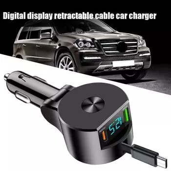 Digital Display Retractable Cable Car Charger Adapter 3 In 1 PD30W Fast Charging Adjustable Angle Type-c Car Electronics