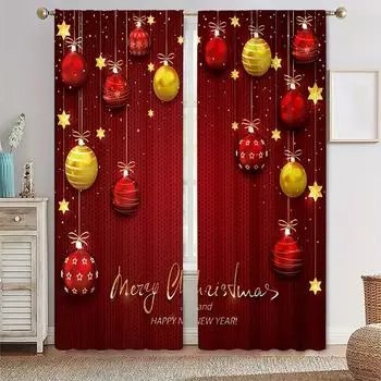 Digital Printing Thin Curtain for Living Room and Bedroom, Red Decoration Ball, Grommet Top, Grommet, Home, 2 Panels 1x50W60H(CM)&Hook