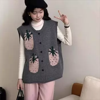 DIMANAF 2024 Plus Size Vest Big Size Autumn Women Pattern Print Sweepers Knitting Purple Basic Casual Style Loose Sweepers One Size серый