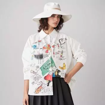 DIMANAF 2025 Plus Size New Spring Style Блузка с винтажным дизайном, с длинным рукавом, цветной принт, повседневная рубашка, женская свободная рубашка с принтом One Size белый