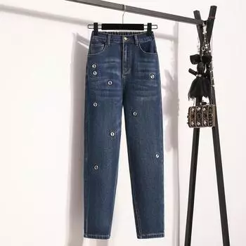 DIMANAF 2025 Plus Size Spring Jeans Long Pants Basic Women Elastic Pants Loose Casual Denim Female Blue Trousers Fashion Pants 5XL