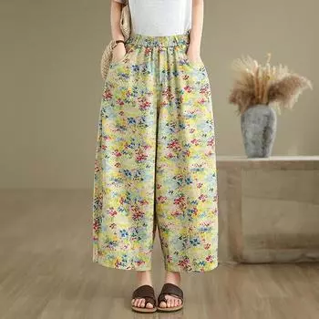 DIMANAF 2025 Plus Size Summer Basic Elastic Jeans New Pants Women Loose Denim Trousers Big Casual Floral Pants M жёлтый