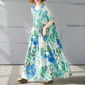 DIMANAF 2025 Summer Basic Plus Size Dress Women Bohemian Casual Long Dress Loose Vintage Leaf Printing Dress New One Size зелёный