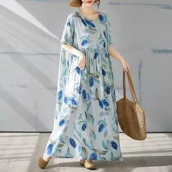DIMANAF 2025 Summer Basic Plus Size Dress Women Casual Long Dress Loose Vintage Leaf Printing Dress New One Size синий
