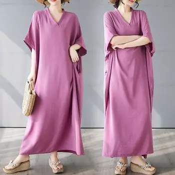 DIMANAF 2025 Summer Plus Size Dress Basic Women Casual Loose Long Vintage New Solid V-Neck Dress Maxi One Size фиолетовый