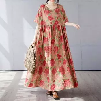 DIMANAF 2025 Summer Plus Size Dress Basic Women Vintage Casual Loose Long New Floral Printing Dress Maxi One Size красный