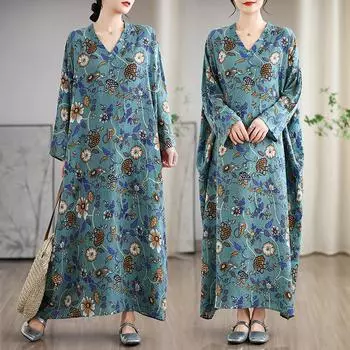 DIMANAF 2025 Women Plus Size Spring Long Dress Loose Floral Dress Basic Casual Maxi Holiday Vintage Printing One Size синий